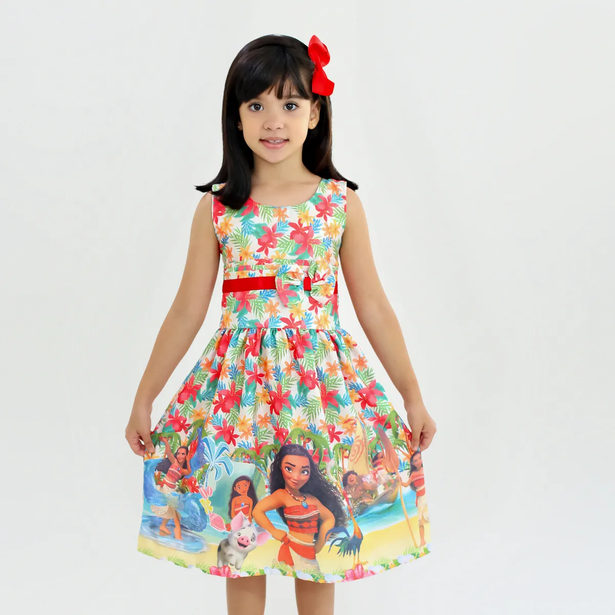 Vestido Menina Infantil Estampado Princesa Laço Duplo Moana